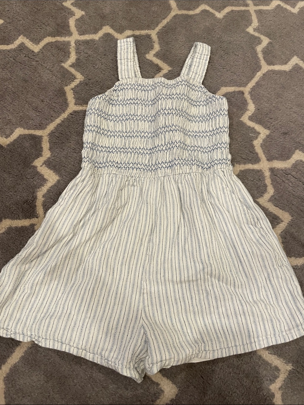 Abercrombie Kids Girls' White Striped Smocked Romper with Blue Accents